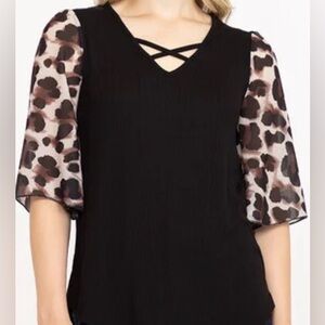 Women's Black Top with Sheer Animal Print Sleeves